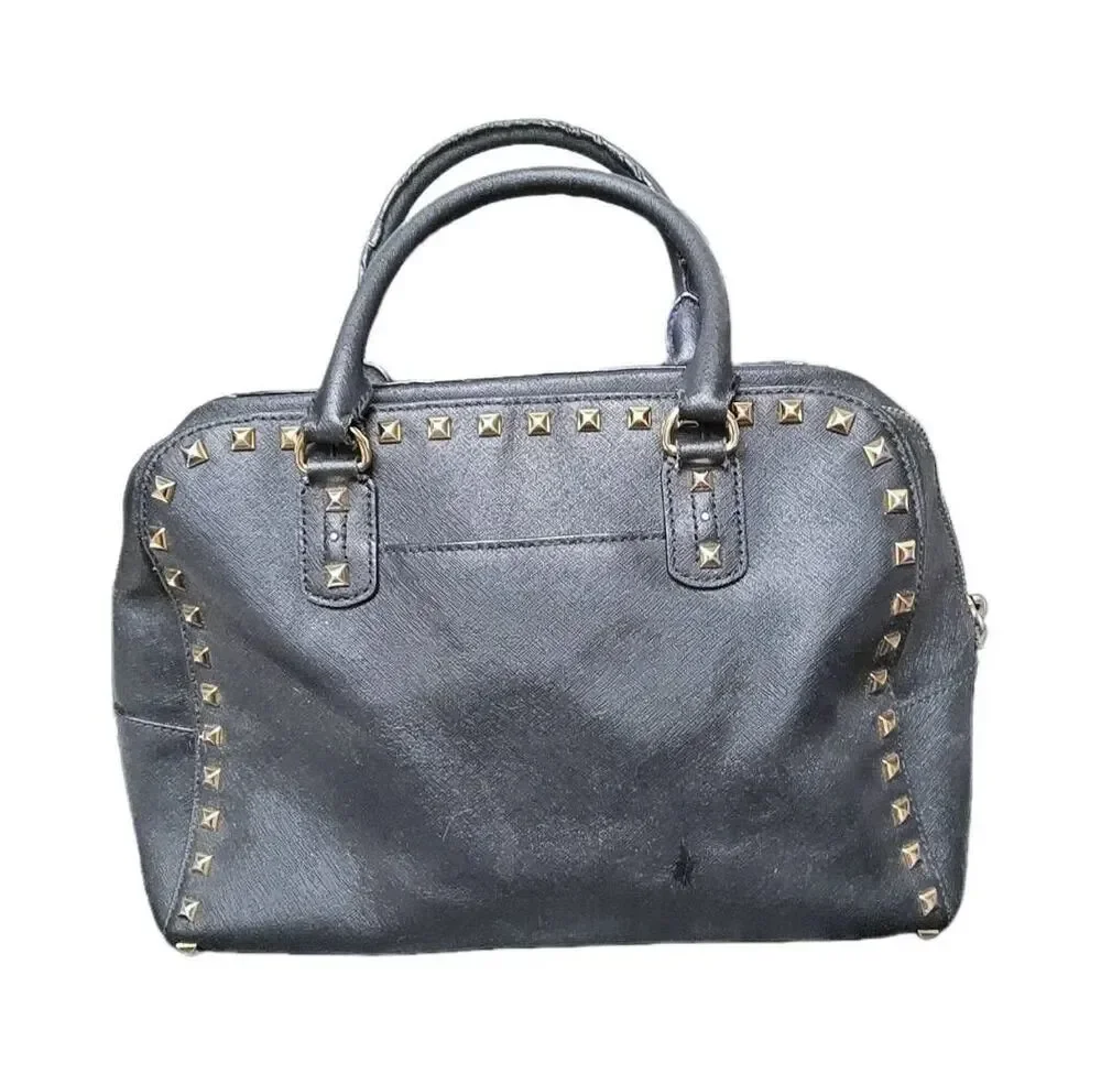 MICHAEL KORS Black Leather Dome Satchel with Gold Studs